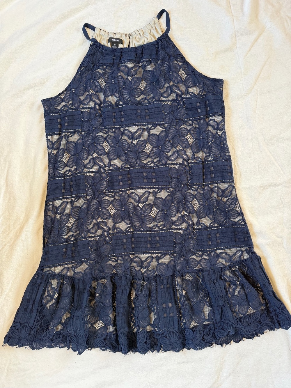 Alfani Women’s Blue Floral Lace Lined Sleeveless High Neck Ruffle Dress 16